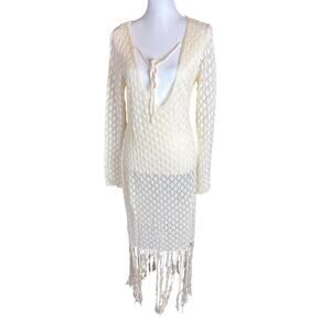 NWT FISQEW Beachwear Spa Cream Crochet Long‎ Sleeve Fringe Tunic Dress Cover Up
